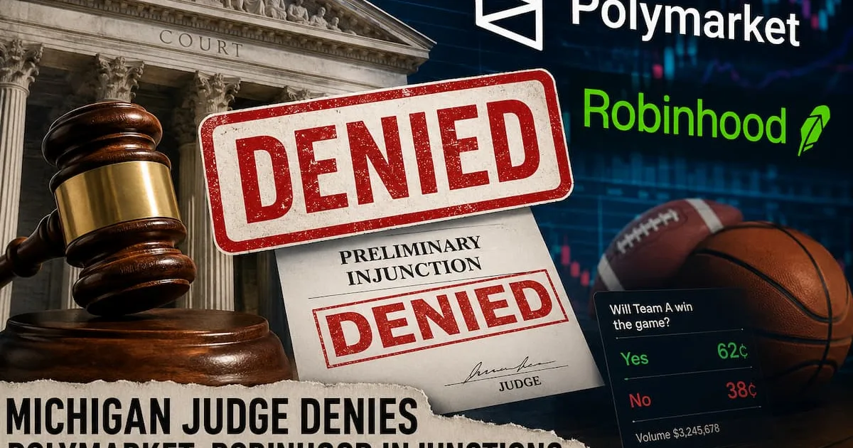Суд в Мичигане отказал Polymarket и Robinhood в предварительных запретах, заявив, что контракты на спортивные события, вероятно, не являются свопами